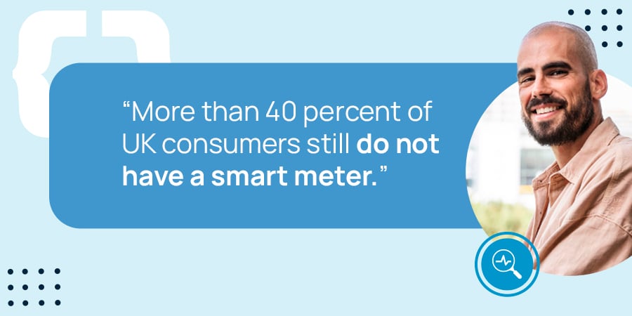 A graphic featuring a smiling man on the right and a large blue quote bubble on the left displaying the text “More than 40 percent of UK consumers still do not have a smart meter,” with light blue background shapes and dotted design accents.