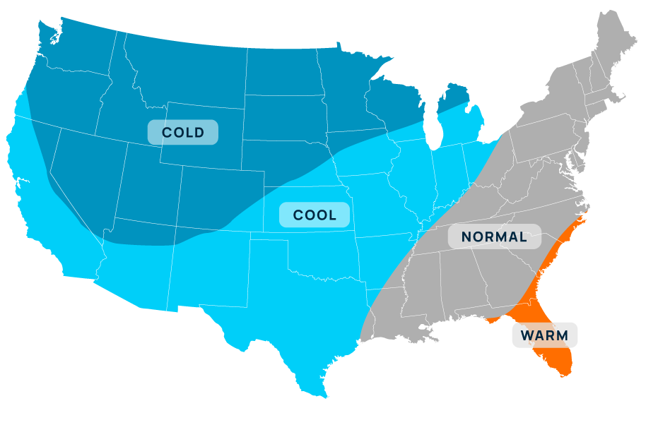 POWWR 2025 Winter Outlook temperature map showing cooler-than-normal conditions across the western and central United States, normal temperatures along the eastern seaboard, and warmer conditions in Florida and the Southeast due to early La Niña transitioning to neutral patterns.