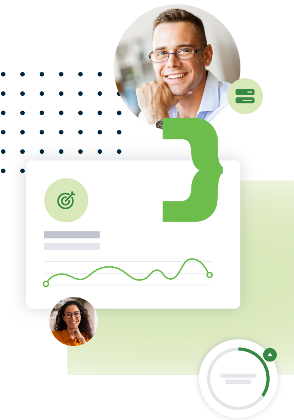 Customer testimonial collage with profile photos, business graphics, and a quote saying 'A partner who understands and delivers results' from Account Manager Gabriella Crouse.