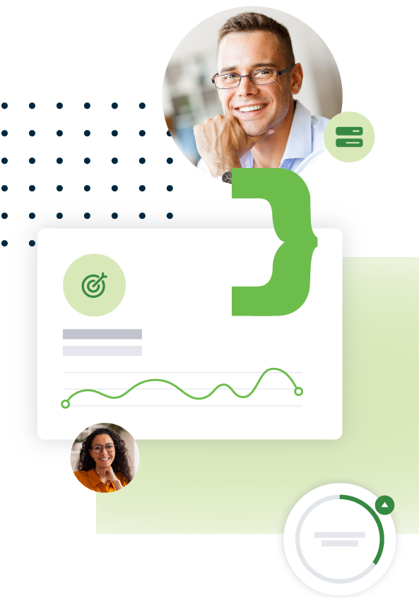 Customer testimonial collage with profile photos, business graphics, and a quote saying 'A partner who understands and delivers results' from Account Manager Gabriella Crouse.