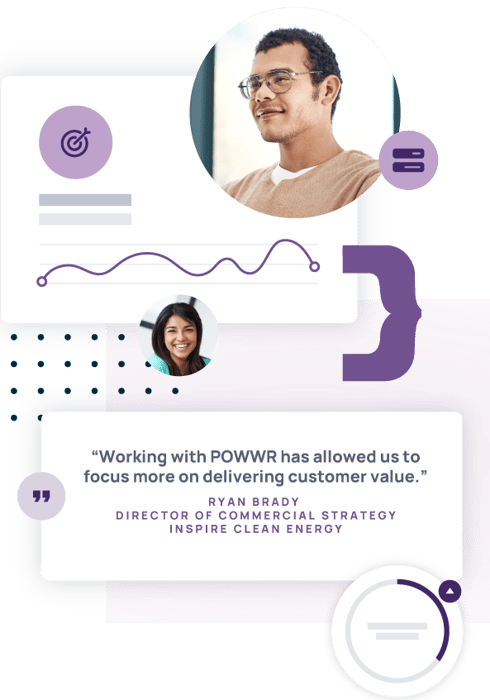 Quote from Ryan Brady, Director of Commercial Strategy at Inspire Clean Energy, highlighting how POWWR enabled the team to focus more on delivering customer value, supported by stylized graphics and headshots.