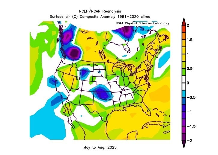 NOAA NCEP/NCAR reanalysis surface air temperature anomaly map for May to August 2025, showing cooler-than-average temperatures across the Pacific Northwest and northern Rockies and warmer anomalies in the eastern United States compared to the 1991–2020 climate baseline.