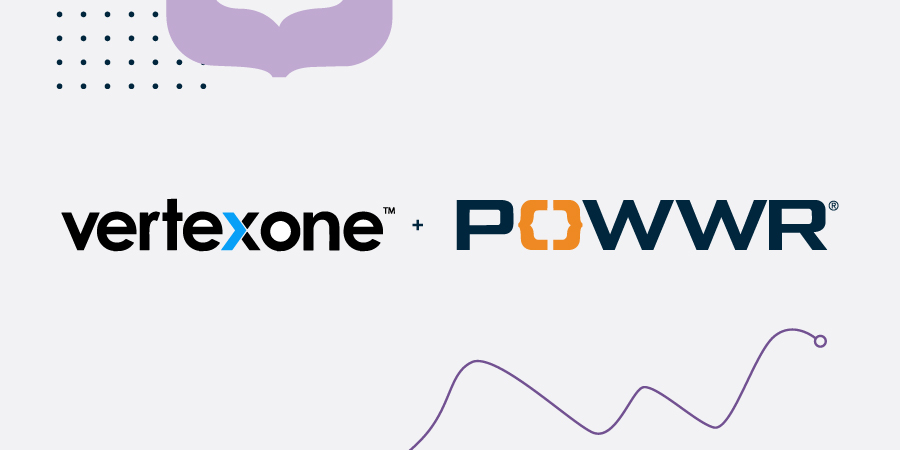 VertexOne and POWWR partnership announcement graphic with logos on a light background featuring abstract shapes